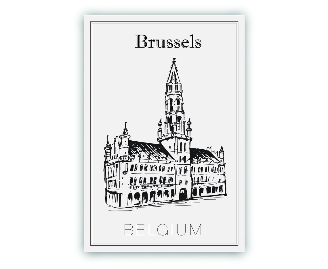 Brussels Belgium Town Hall Grand Place Gothic Tower Sketch Poster - Image 2