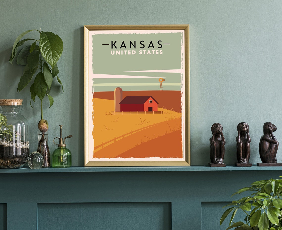 Kansas Golden Prairie Red Barn Windmill Vintage Travel Poster - Image 3