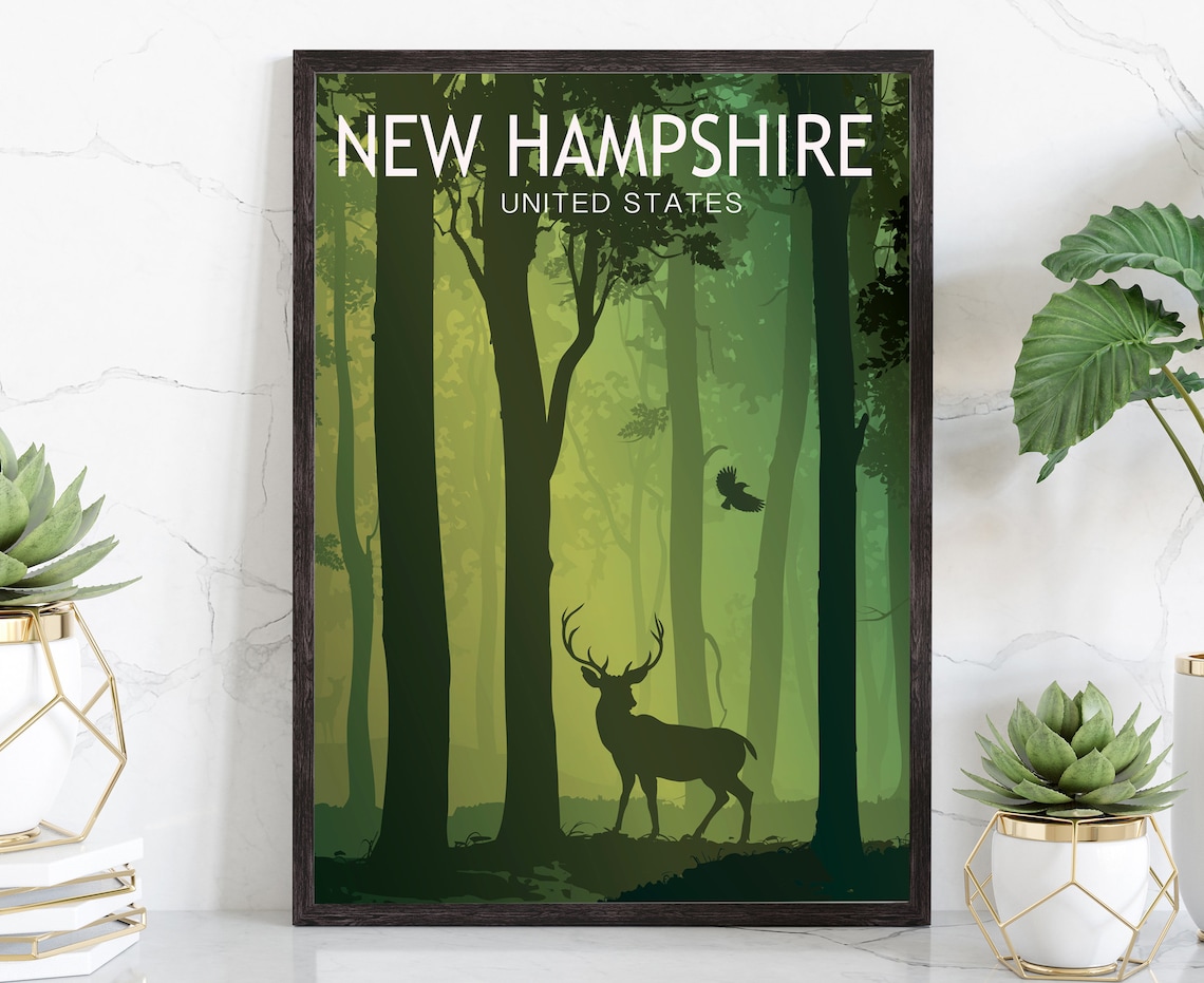 New Hampshire Deer Forest Retro Vintage Green Nature Travel Poster