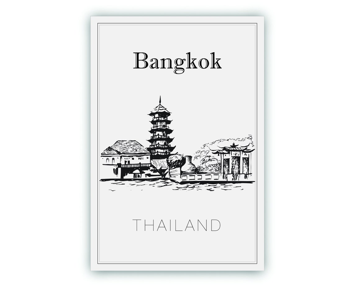 Bangkok Thailand Hand Drawn Temple Ink Sketch Skyline Wall Art - Image 2