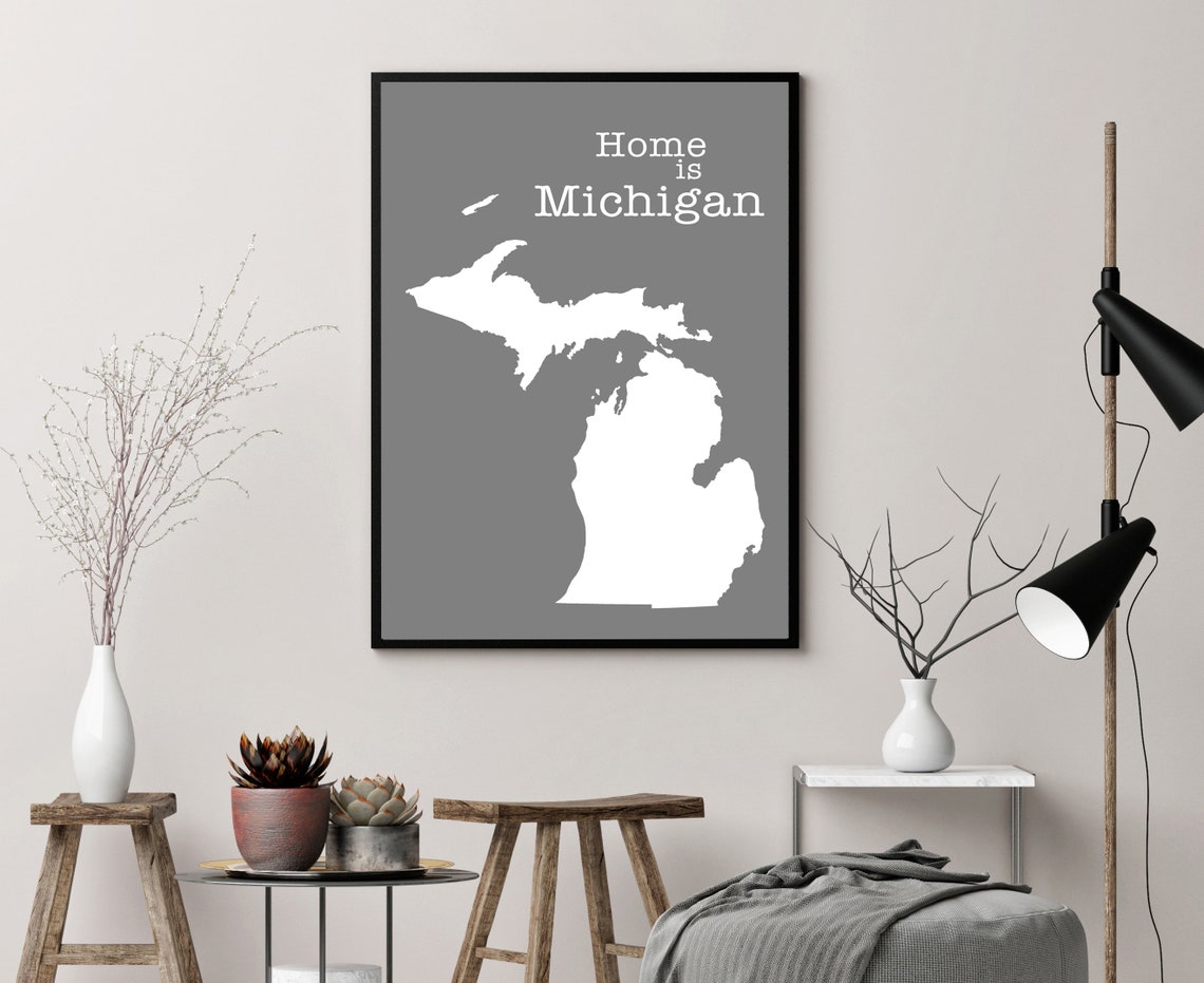 Michigan Home Is Michigan White On Gray Minimalist Map Wall Art Print - Image 3