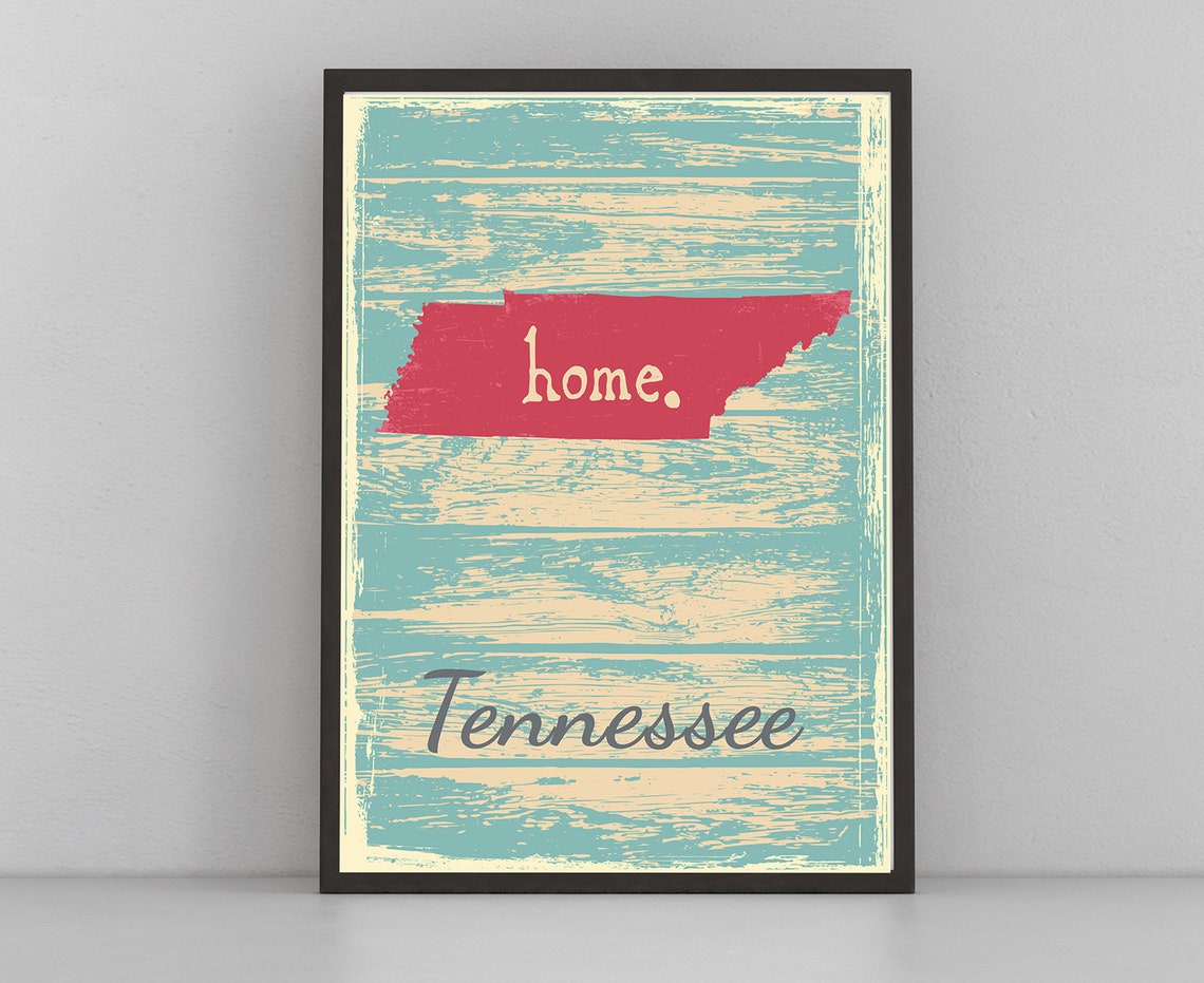 Tennessee Home Red State Shape Distressed Teal Rustic Travel Poster