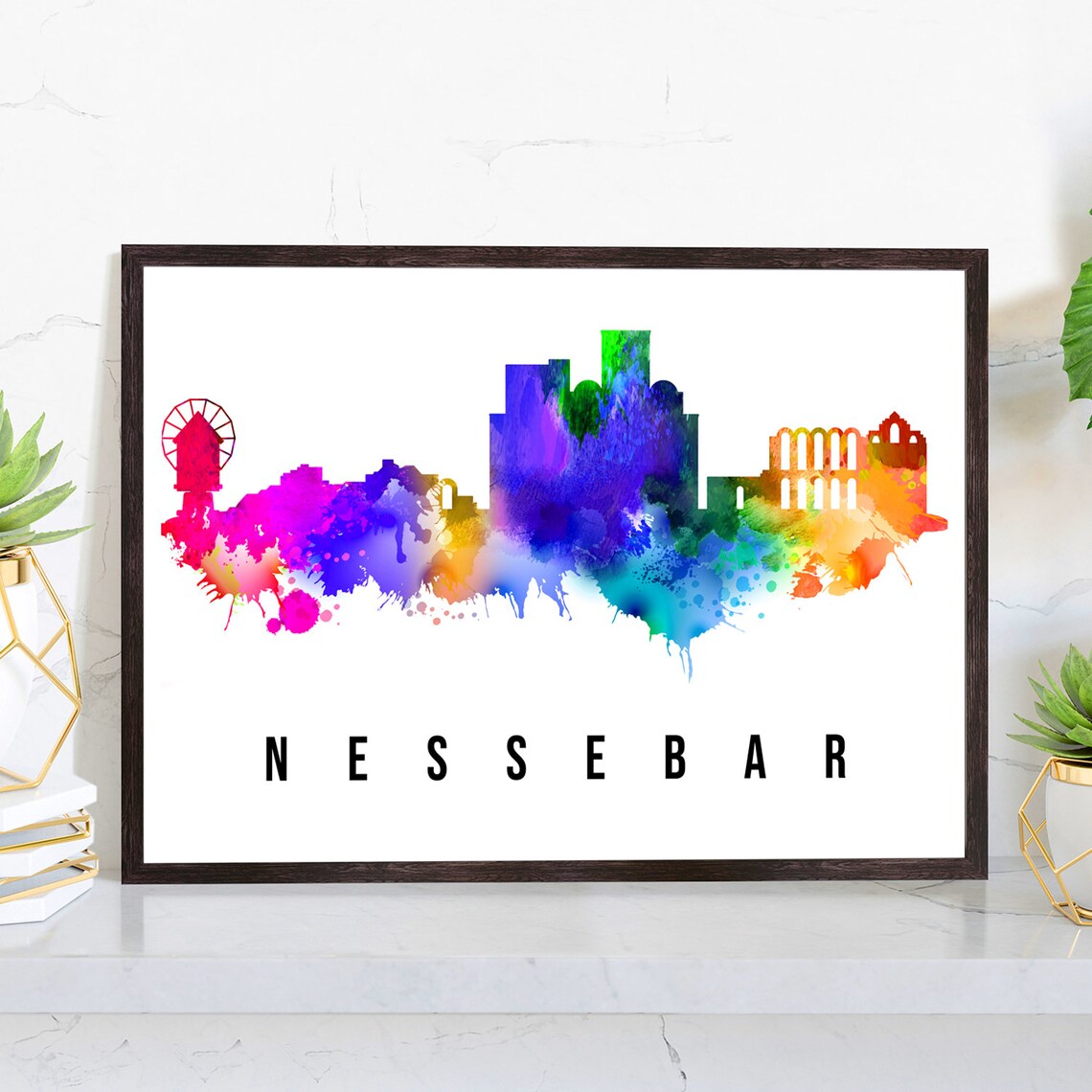 Nessebar Bulgaria Watercolor Skyline Rainbow Landmark Travel Poster