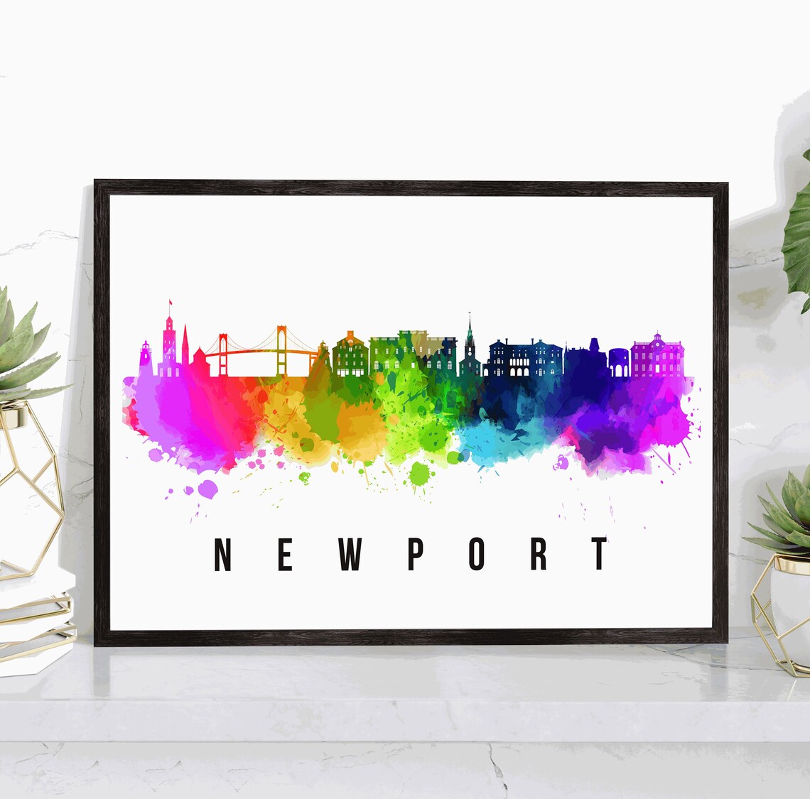 Newport Rhode Island Rainbow Watercolor Skyline Cityscape Art Poster