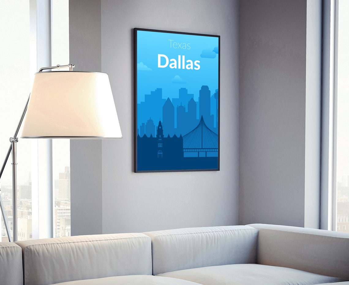 Dallas Texas Bright Blue Daytime Skyline Bridge Gradient City Poster - Image 4
