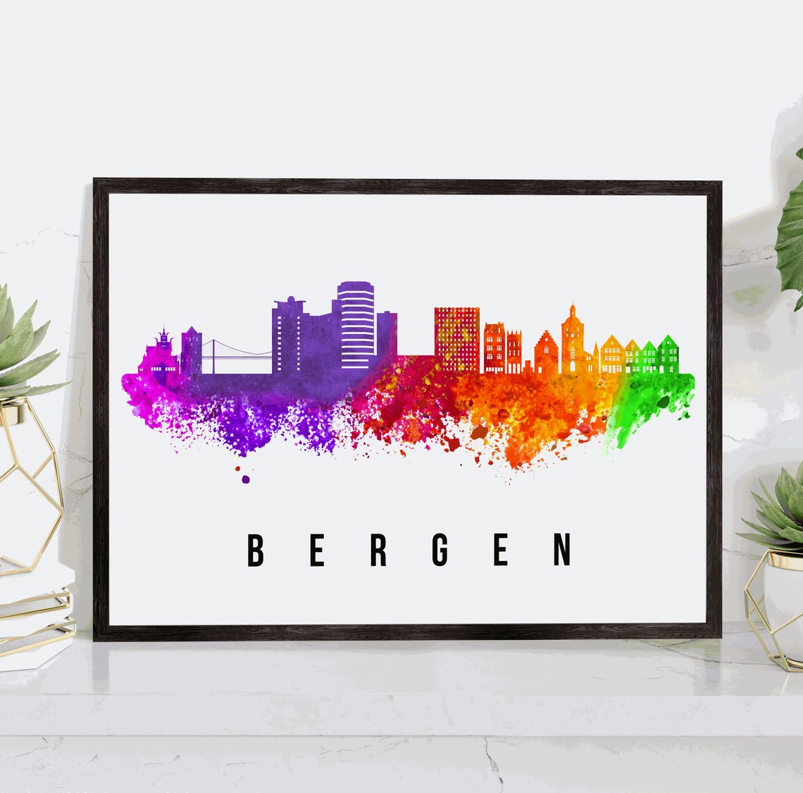 Bergen Norway Rainbow Watercolor Skyline Silhouette Harbor City Poster