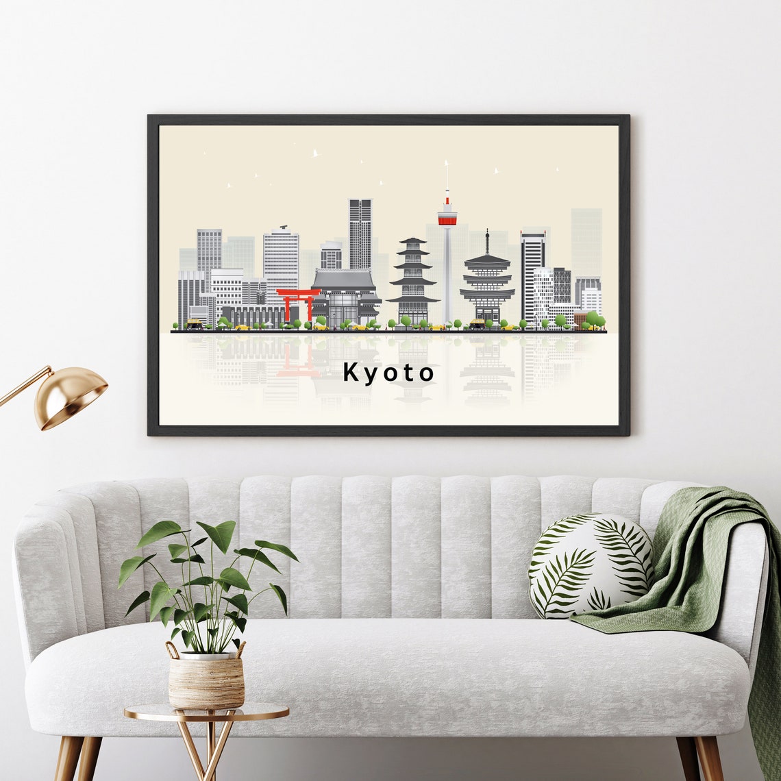 Kyoto Japan Torii Gate Pagoda Flat Vector Skyline Travel Poster Print