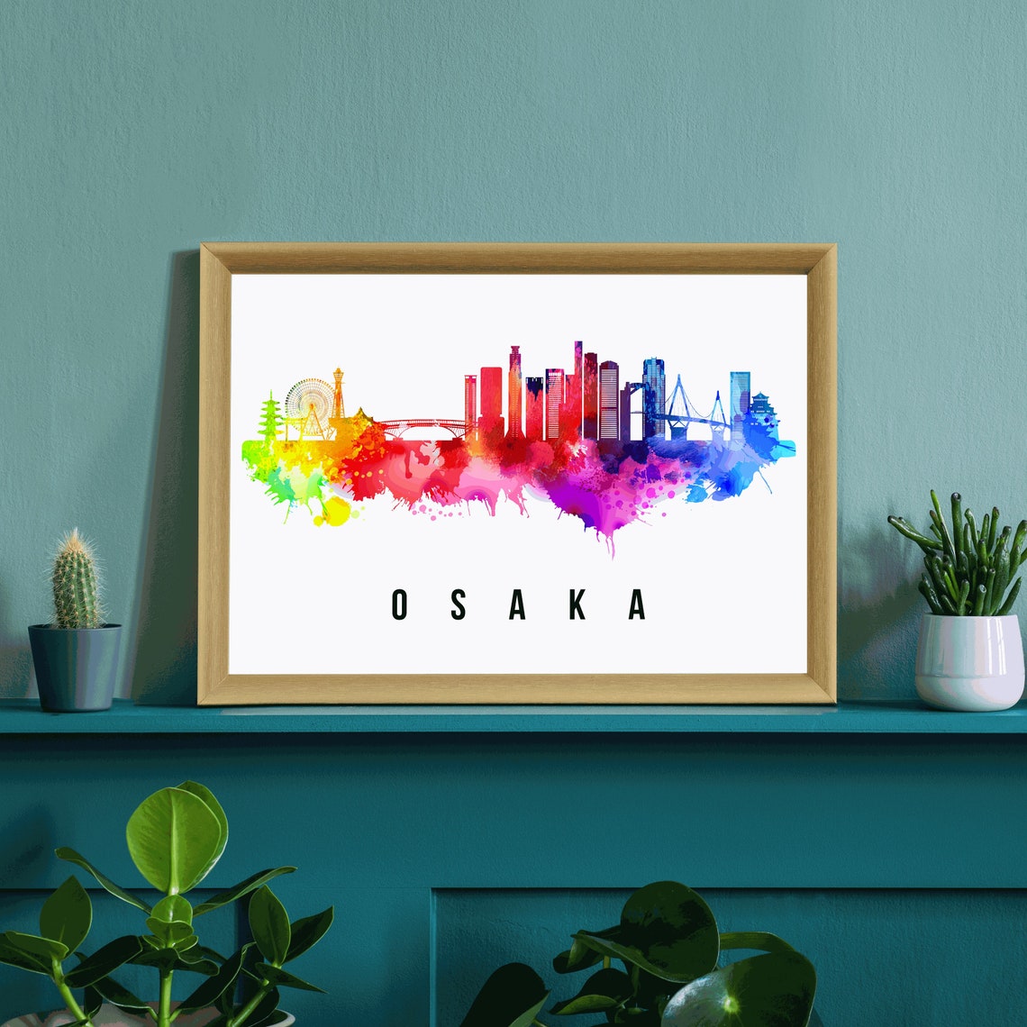 Osaka Japan Rainbow Watercolor Skyline City View Travel Poster - Image 3