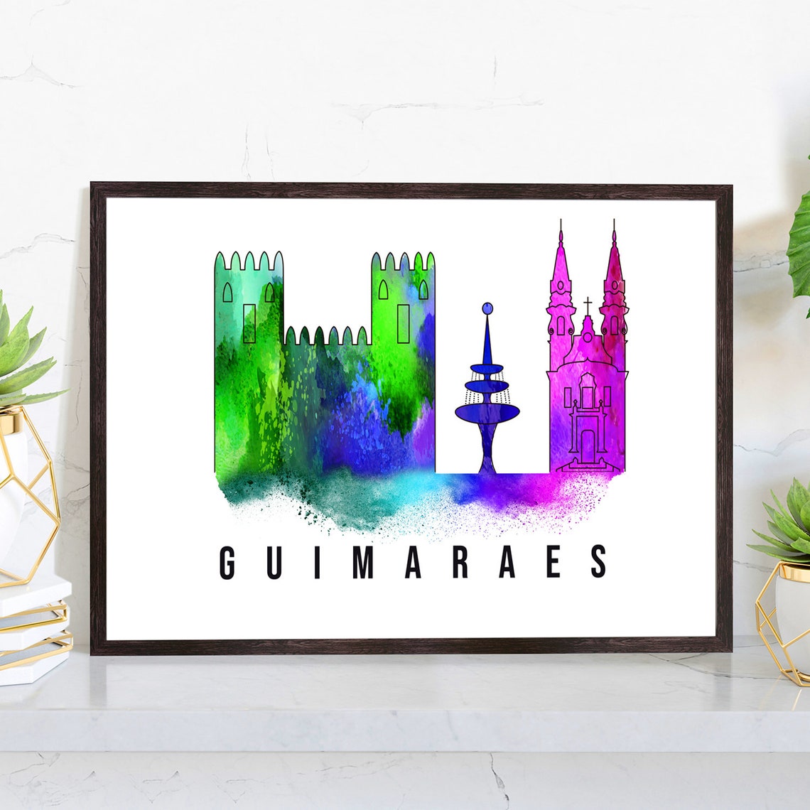 Guimaraes Portugal Poster Skyline Poster Cityscape Poster Portugal Landmark City Illustration Poster Home Wall Art Office Wall Art