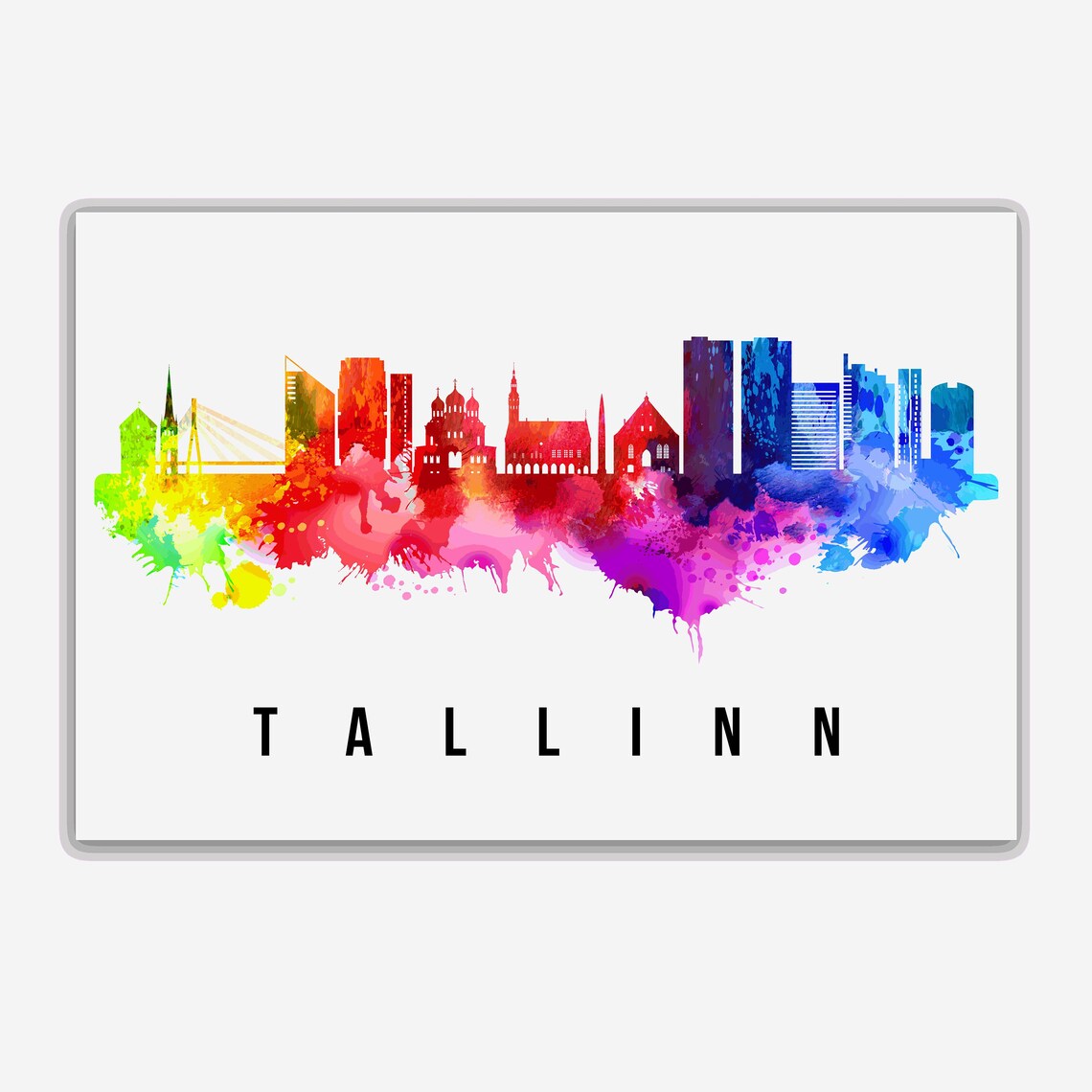 Tallinn Estonia Rainbow Watercolor Old Town Skyline Silhouette Poster - Image 2
