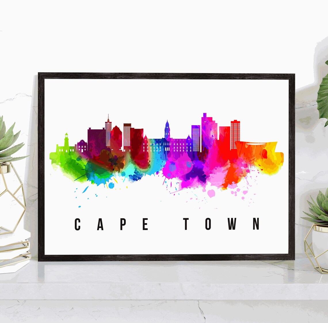Cape Town South Africa Rainbow Watercolor Skyline Cityscape Poster