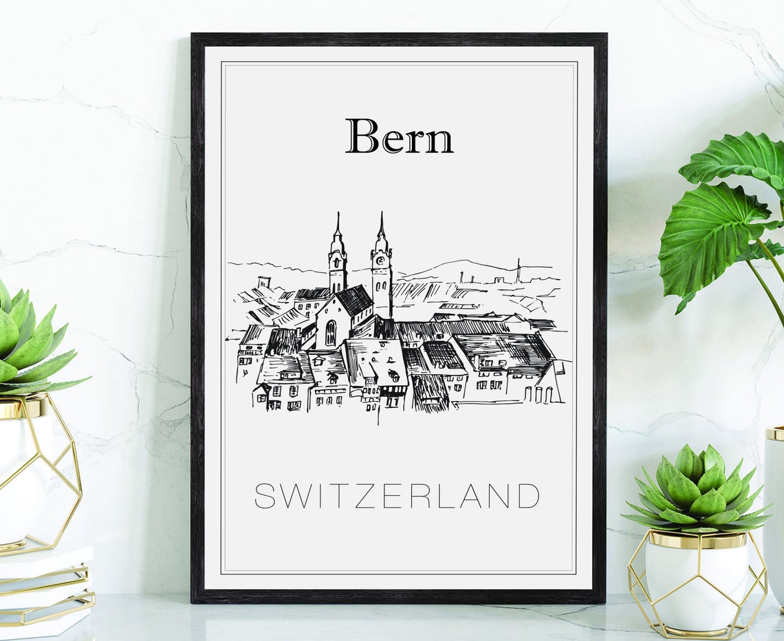 Bern Switzerland Historic Old Town Towers Church Rooftop Sketch Poster