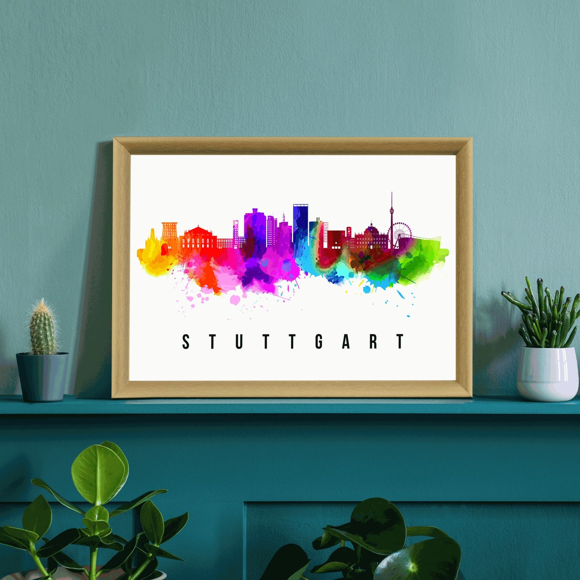 Stuttgart Germany Rainbow Watercolor Skyline Cityscape Art Poster - Image 3