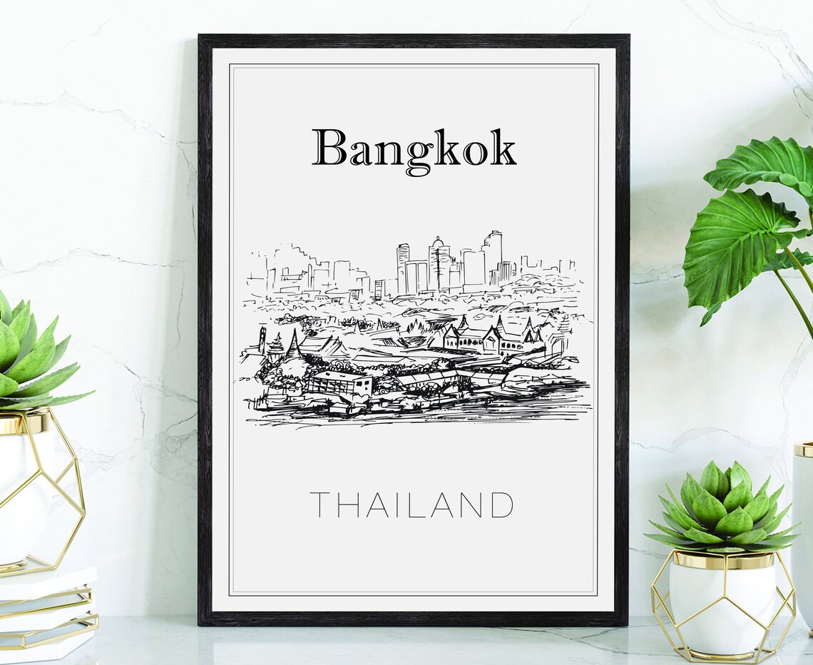 Bangkok Thailand Grand Palace Temple River Skyline Sketch Poster
