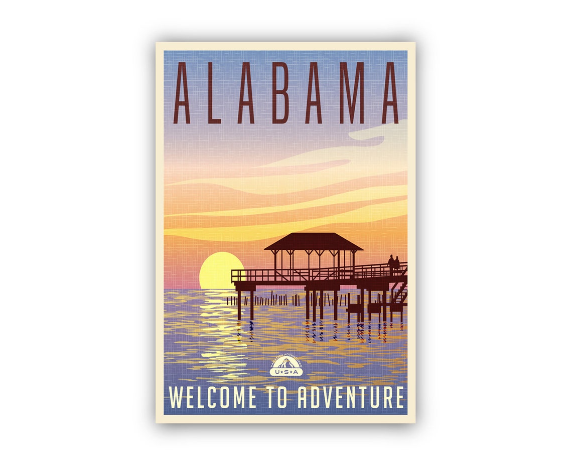 Alabama Gulf Coast Pier Sunset Retro Vintage Travel Wall Art Poster - Image 2
