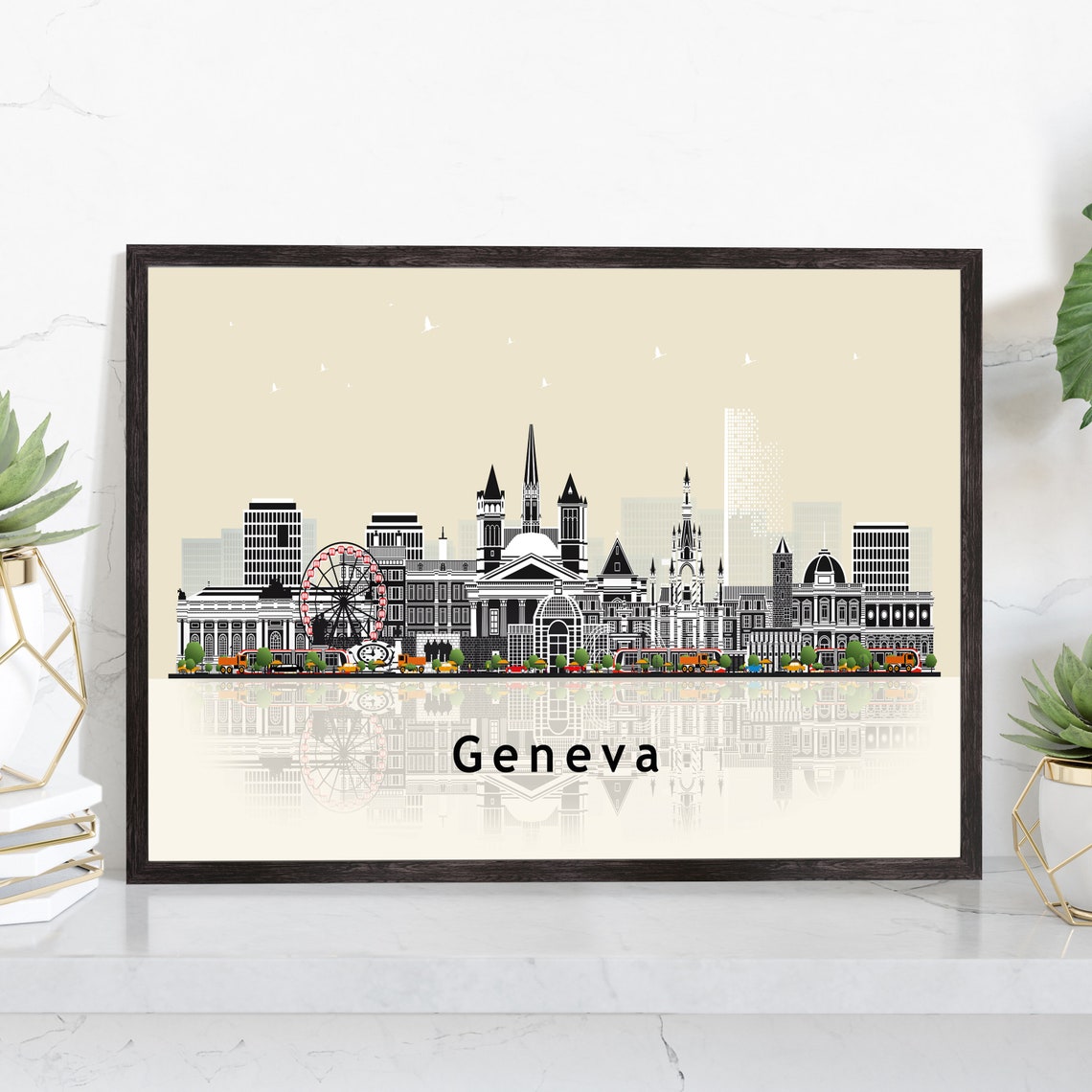 Geneva Switzerland Minimalist Skyline Illustration Ferris Wheel Poster