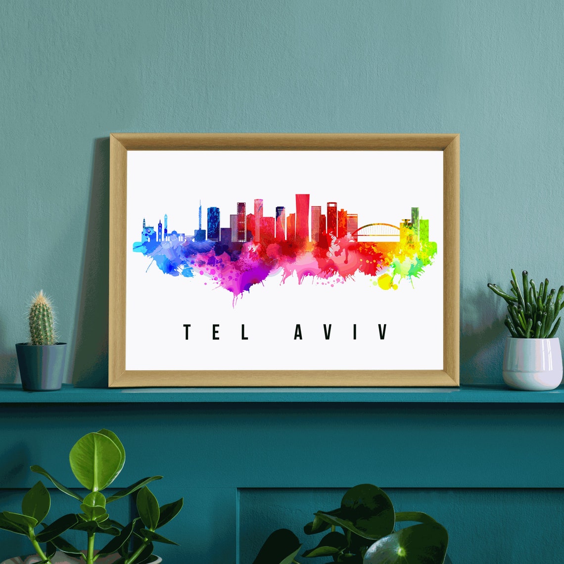 Tel Aviv Israel Rainbow Watercolor City Skyline Silhouette Art Poster - Image 3