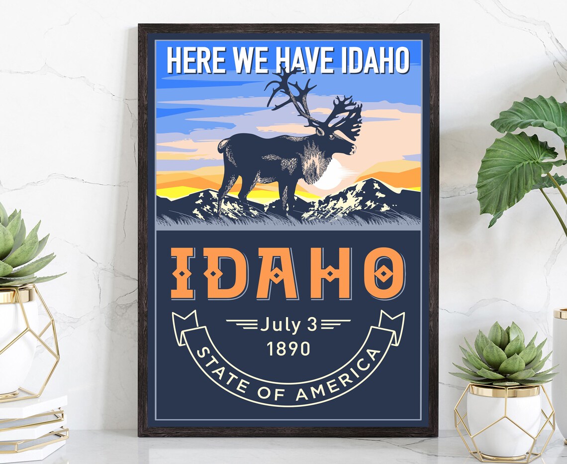 Idaho Here We Have Idaho Caribou Sunset Vintage Retro Travel Poster