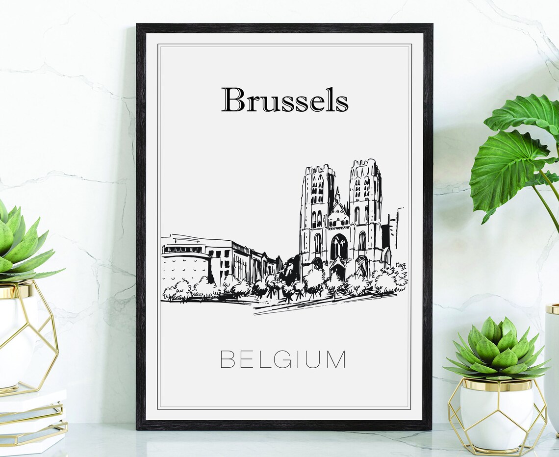 Brussels Belgium Historic Cathedral Twin Towers Sketch Wall Art Poster