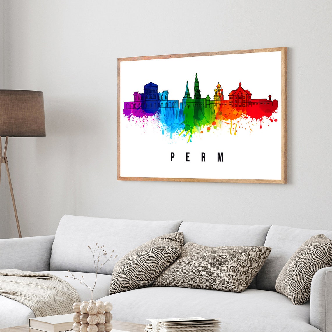 Perm Russia Rainbow Watercolor Skyline Church Onion Domes Poster - Image 3
