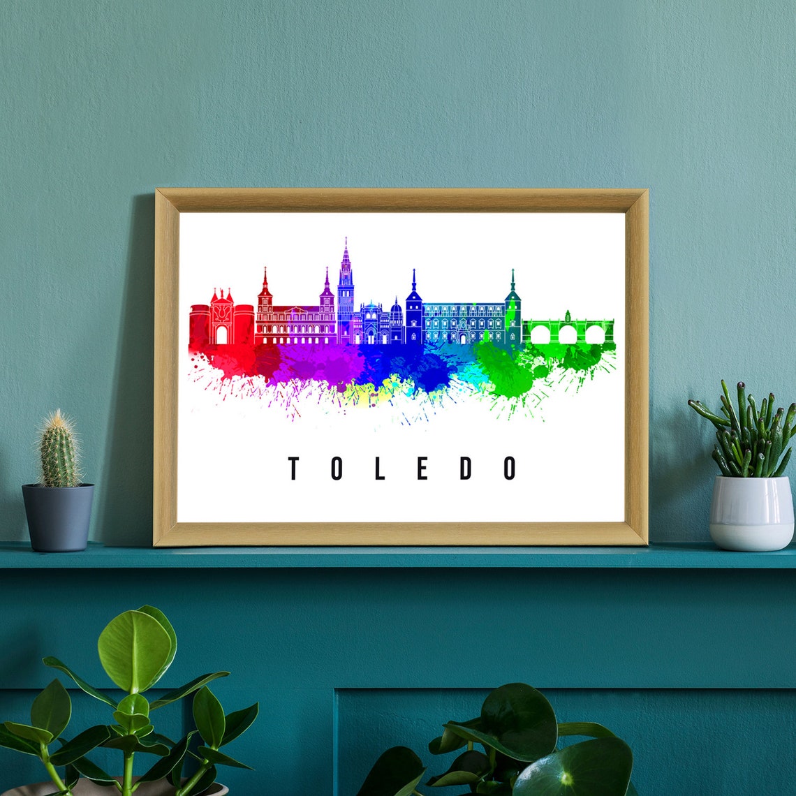 Toledo Spain Rainbow Watercolor Old Town Cathedral Skyline Poster - Image 2