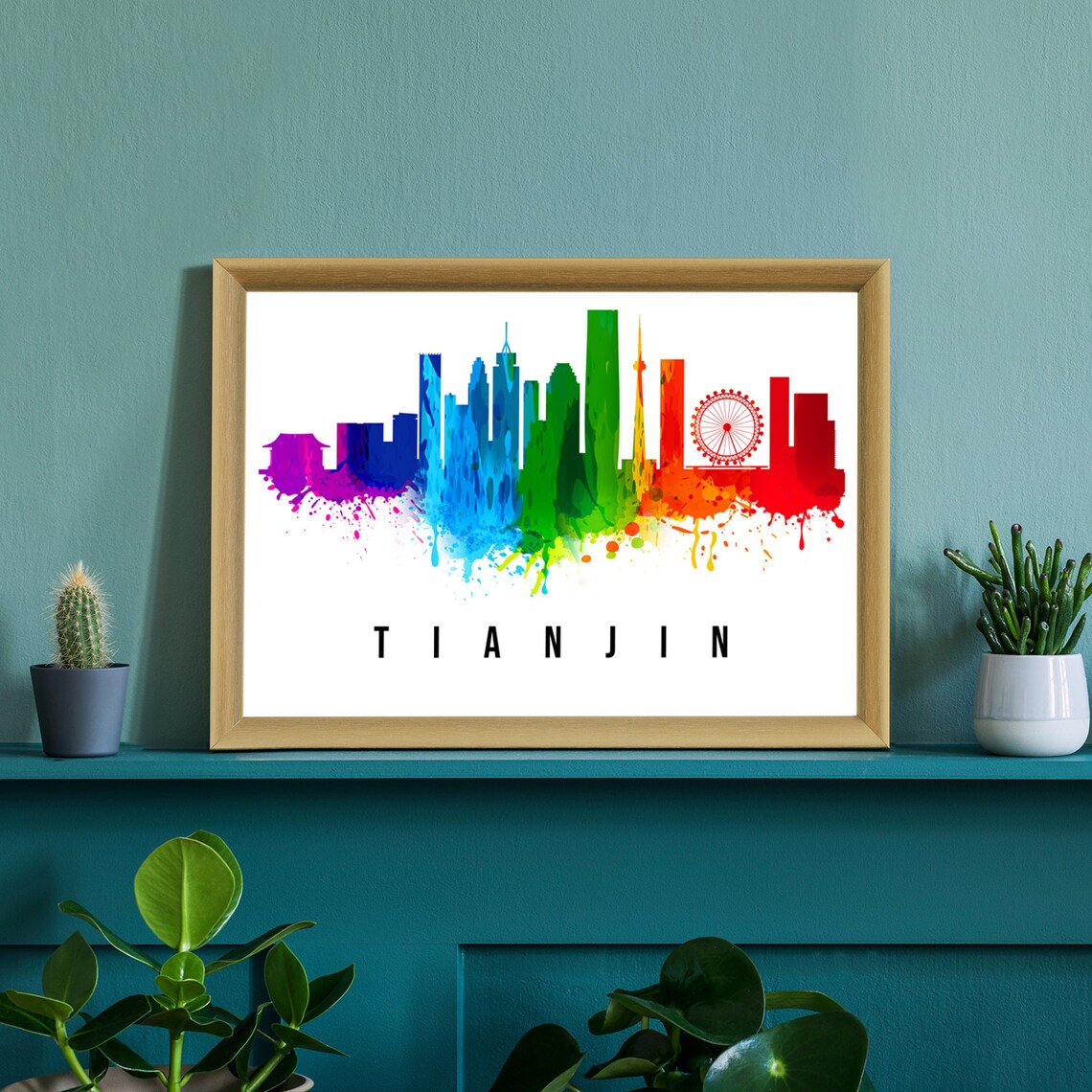 Tianjin China Rainbow Watercolor Skyline Ferris Wheel Travel Poster - Image 2