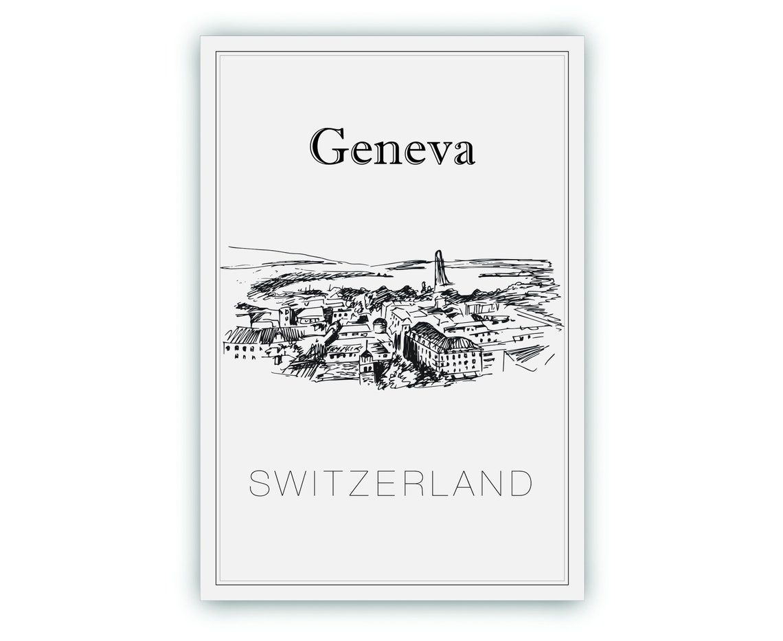 Geneva Switzerland Lake And Waterfront Cityscape Hand Drawn Poster - Image 2