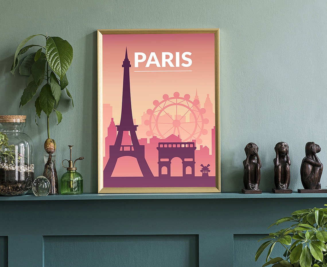 Paris Eiffel Tower Retro Sunset Vector Travel Poster Pink Sky Print - Image 3