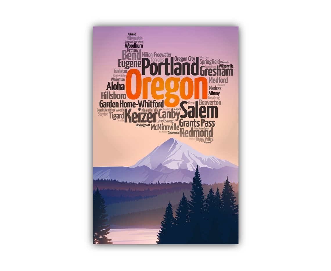 Oregon City Names Typography Sunset Mountain Landscape Travel Poster - Image 2