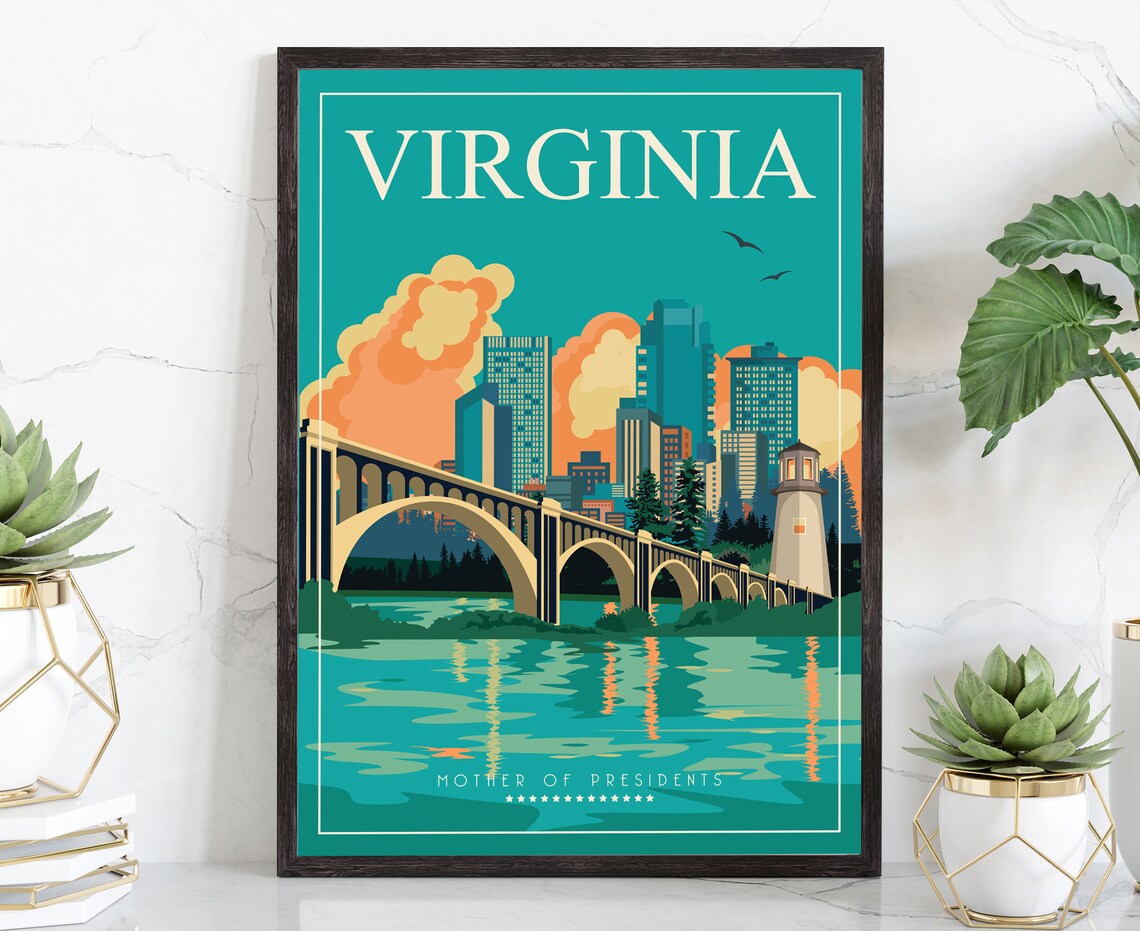 Virginia Mother Of Presidents Retro Cityscape Bridge Travel Poster