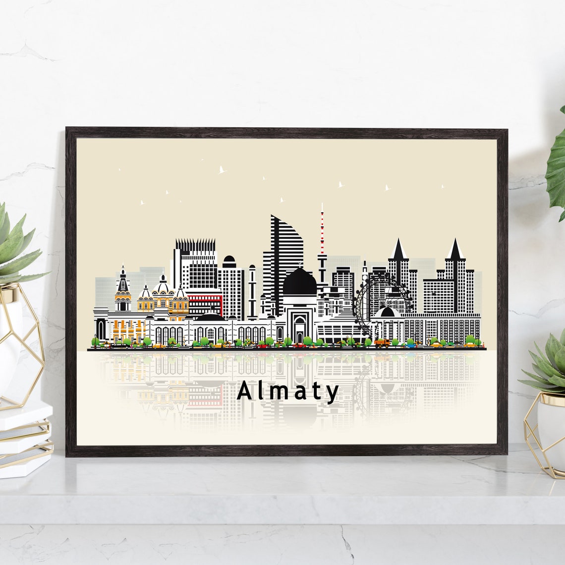 Almaty Kazakhstan Ascension Cathedral Flat Skyline Travel Poster