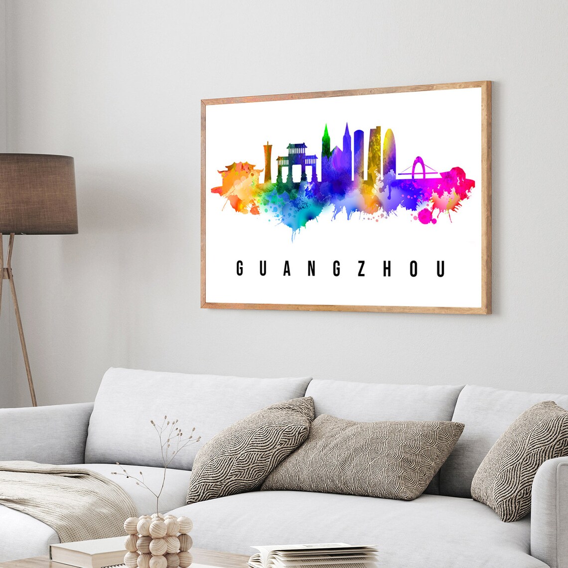 Guangzhou China Rainbow Watercolor Skyline Pavilion Towers Poster - Image 3