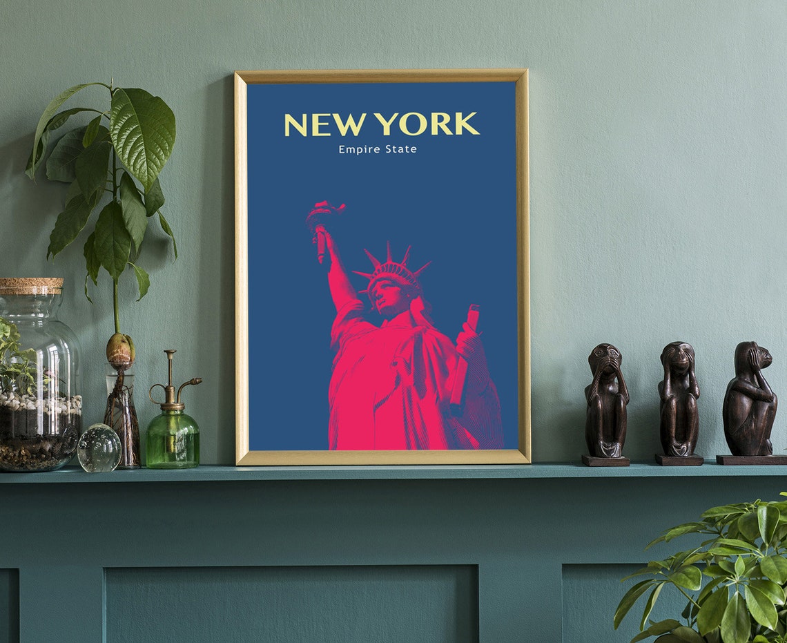 New York Empire State Statue Of Liberty Retro Red Navy Travel Poster - Image 3