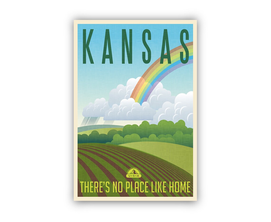 Kansas Theres No Place Like Home Rainbow Farmland Retro Travel Poster - Image 2