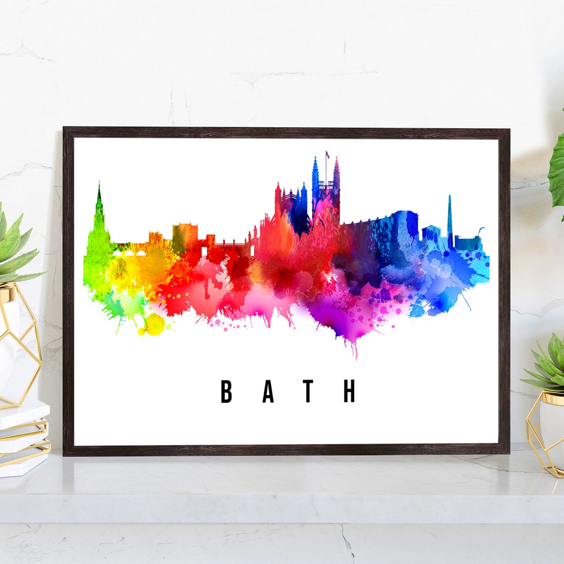 Bath England Rainbow Watercolor Skyline Abbey Towers City Art Poster
