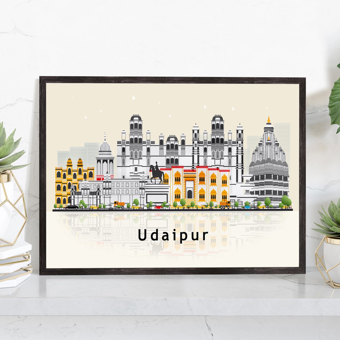 Udaipur India Palace Skyline Illustration Temple Lake Reflection Art