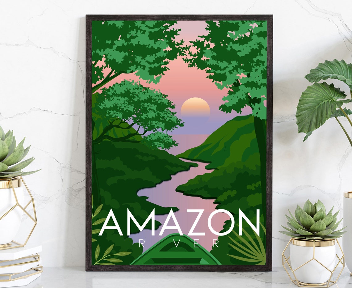 Amazon River Retro Sunset Rainforest Jungle River View Travel Poster