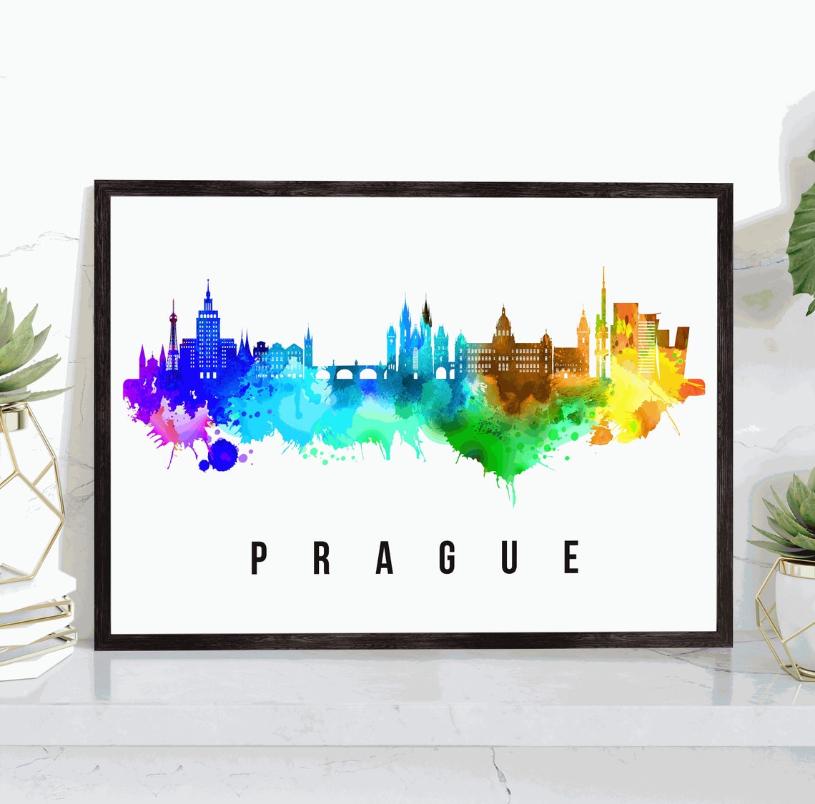 Prague Rainbow Watercolor Old Town Skyline Silhouette Art Poster