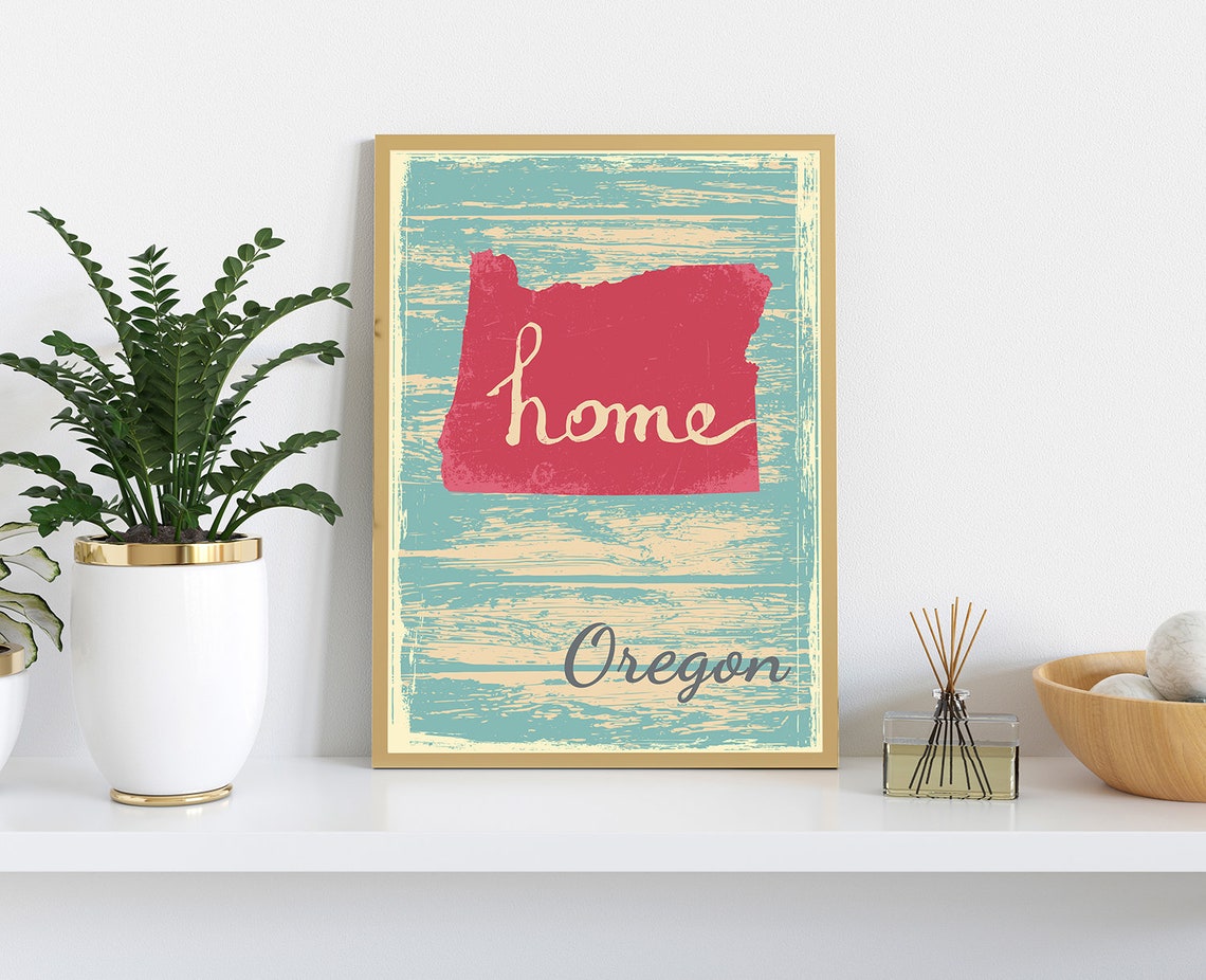 Oregon Home State Red Silhouette Vintage Distressed Teal Map Poster - Image 3