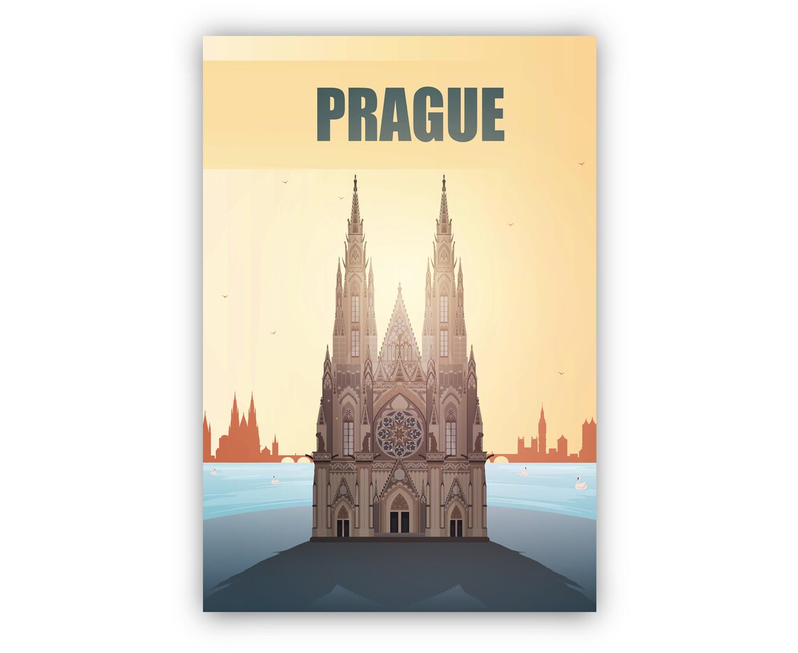 Prague St Vitus Cathedral Sunset Vltava River Retro Travel Poster - Image 2