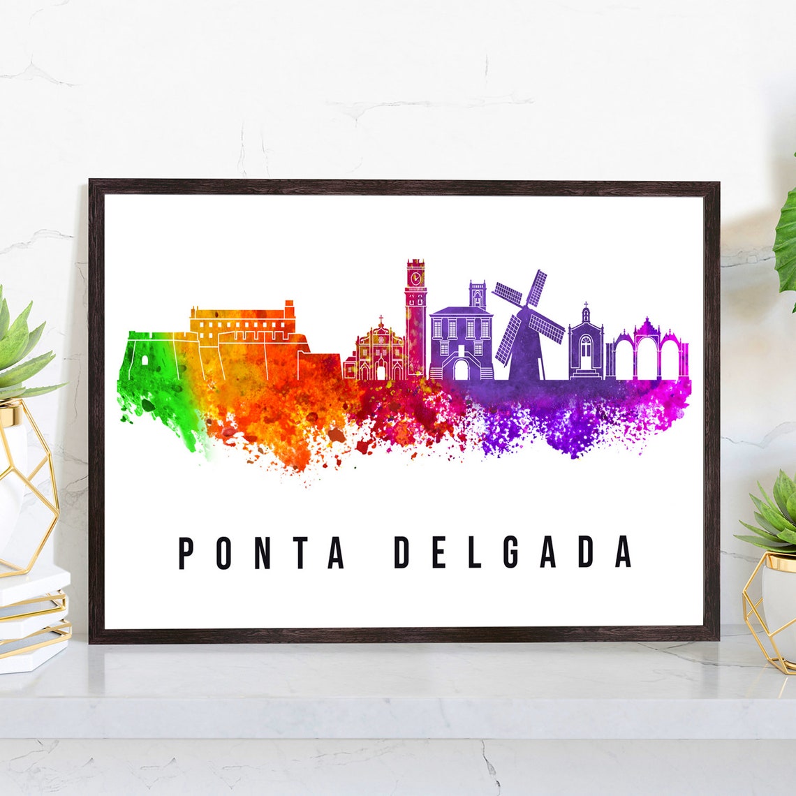 Ponta Delgada Portugal Poster Skyline Poster Cityscape Poster Portugal Landmark City Illustration Poster Home Wall Art Office Wall Art