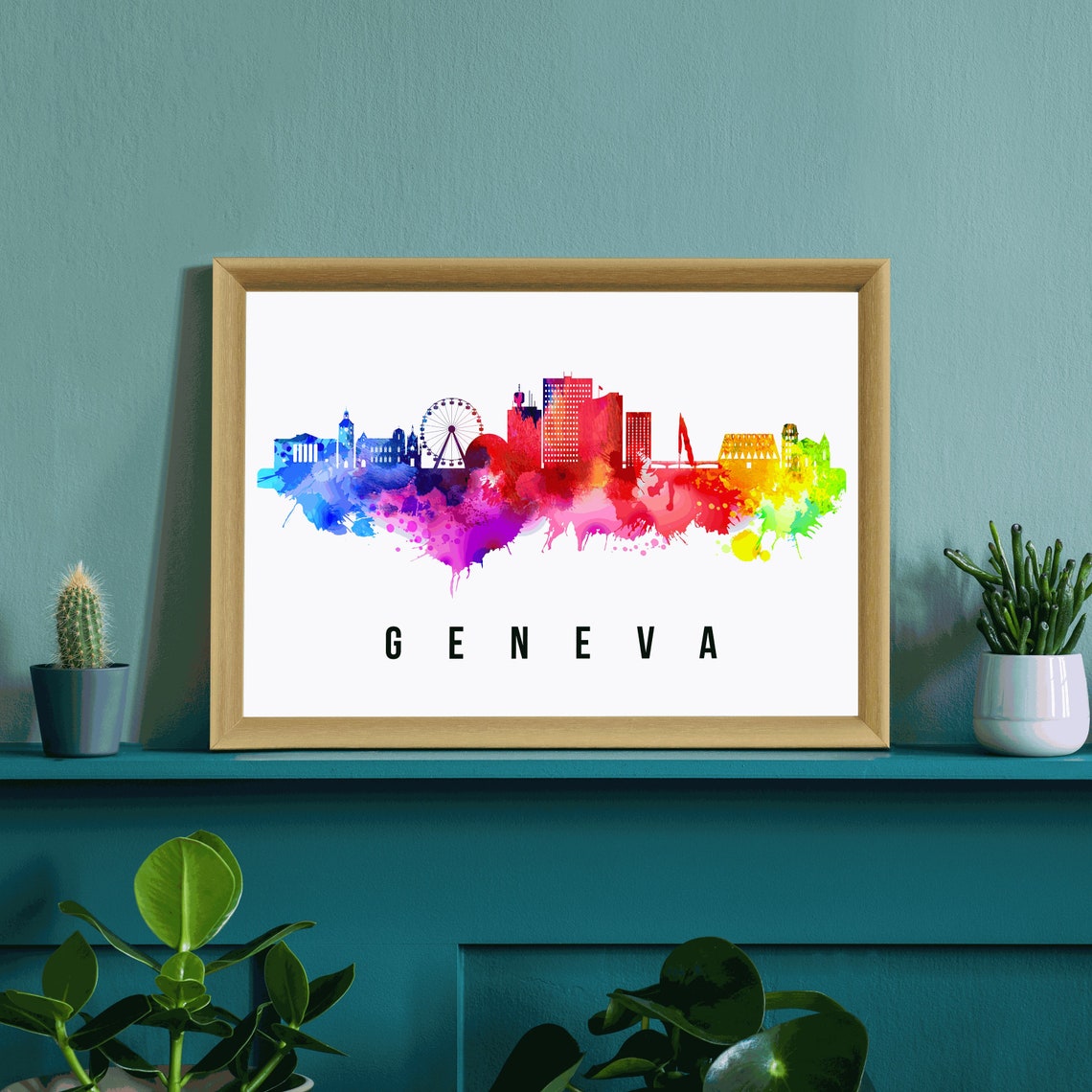 Geneva Switzerland Rainbow Watercolor Skyline Modern Art Wall Poster - Image 3