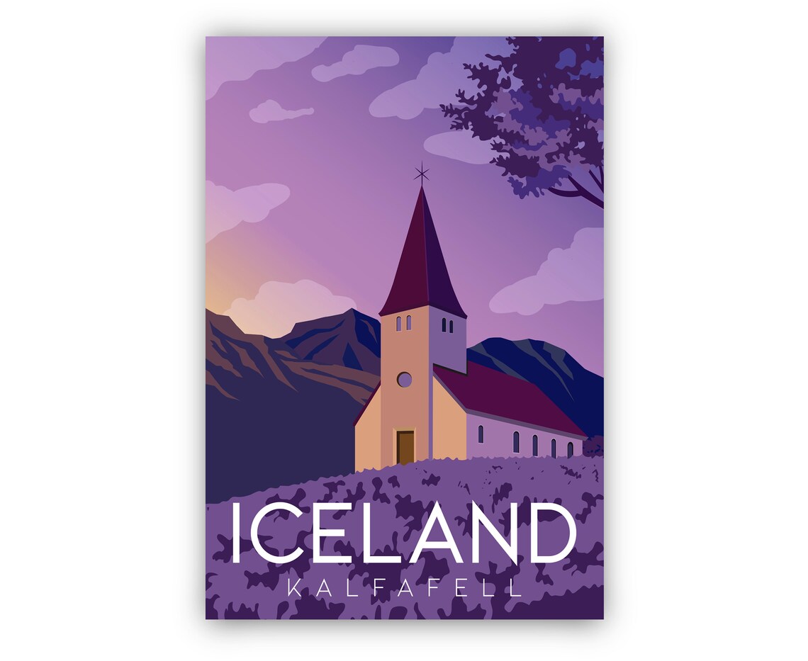 Kalfafell Iceland Purple Church Mountain Sunset Retro Travel Poster - Image 2