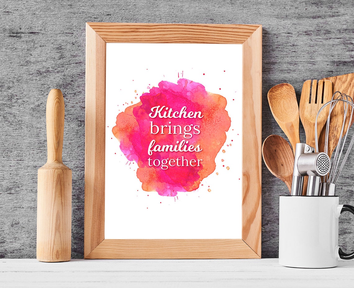 Kitchen Brings Families Together Pink Watercolor Splash Quote Poster - Image 3