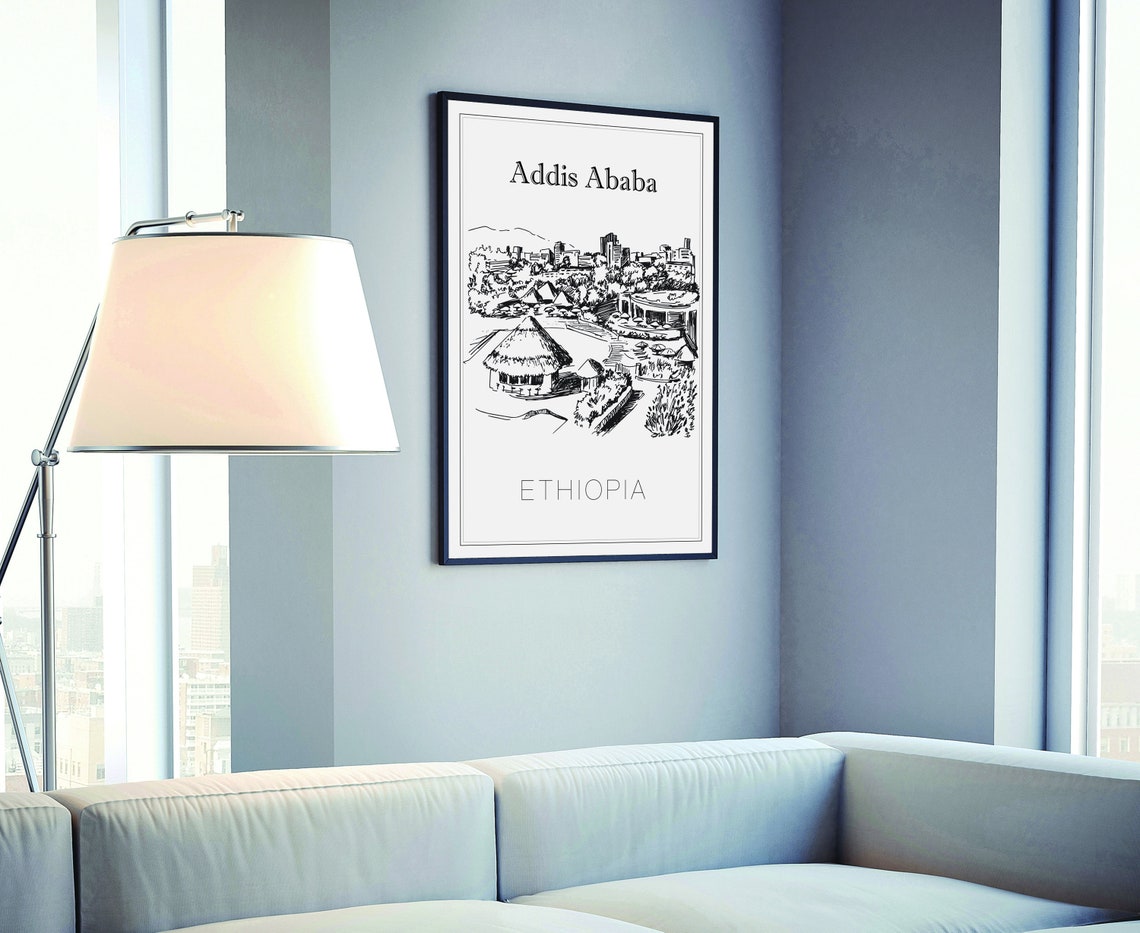 Addis Ababa Ethiopia Hand Drawn Tukul Huts City Skyline Travel Poster - Image 4