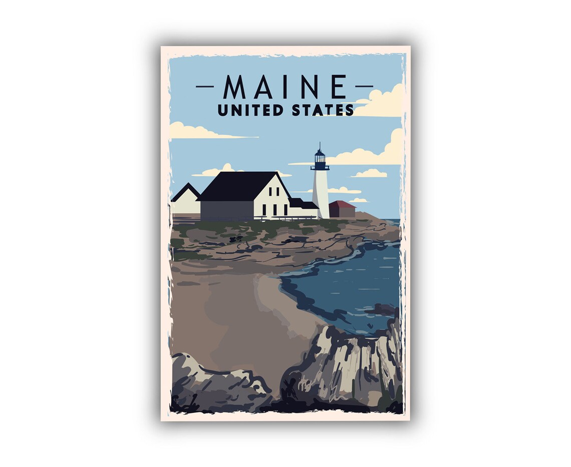 Maine United States Rocky Coast Lighthouse Retro Travel Poster - Image 2