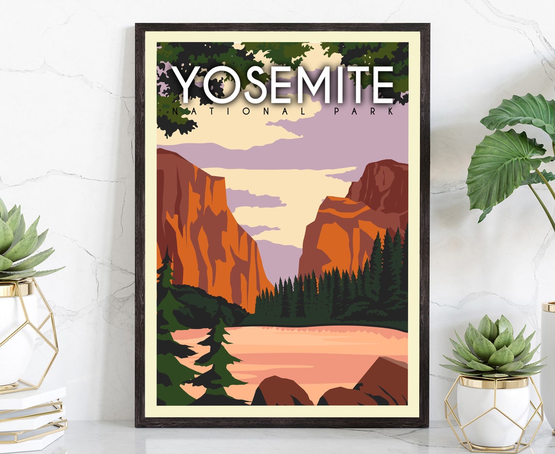 Yosemite National Park Retro Sunset Granite Cliffs Pines Travel Poster