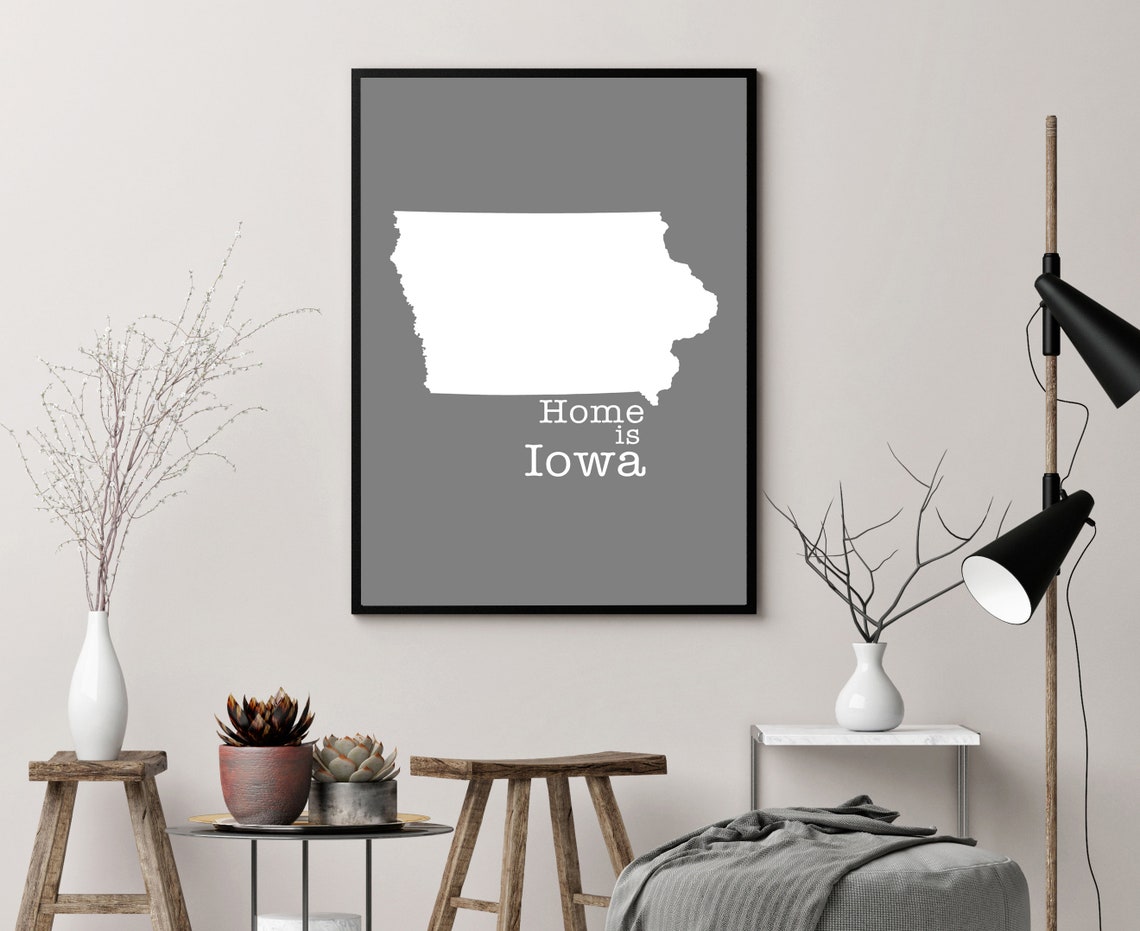 Home Is Iowa White State Silhouette Minimal Gray Modern Wall Art Print - Image 3
