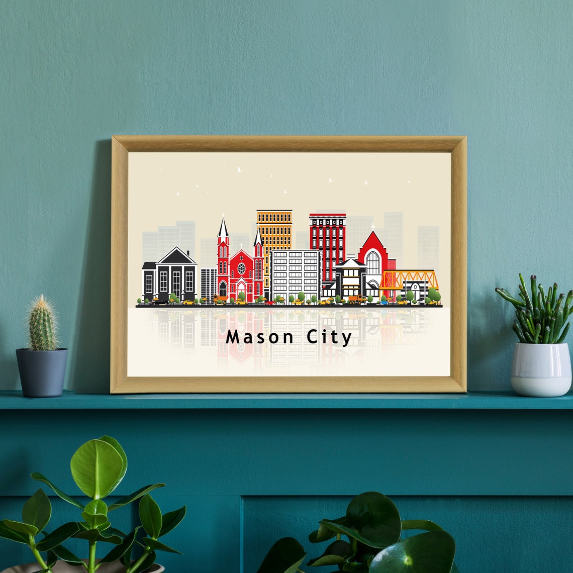 Mason City Iowa Small Town Skyline Illustration With Reflection Poster - Image 2