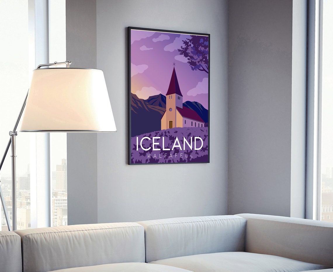 Kalfafell Iceland Purple Church Mountain Sunset Retro Travel Poster - Image 4